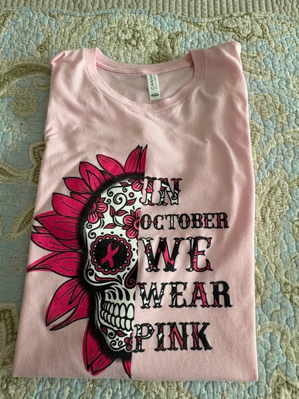 Womens Halloween Breast Cancer Awareness Pink Short Sleeve T-Shirt, Size L